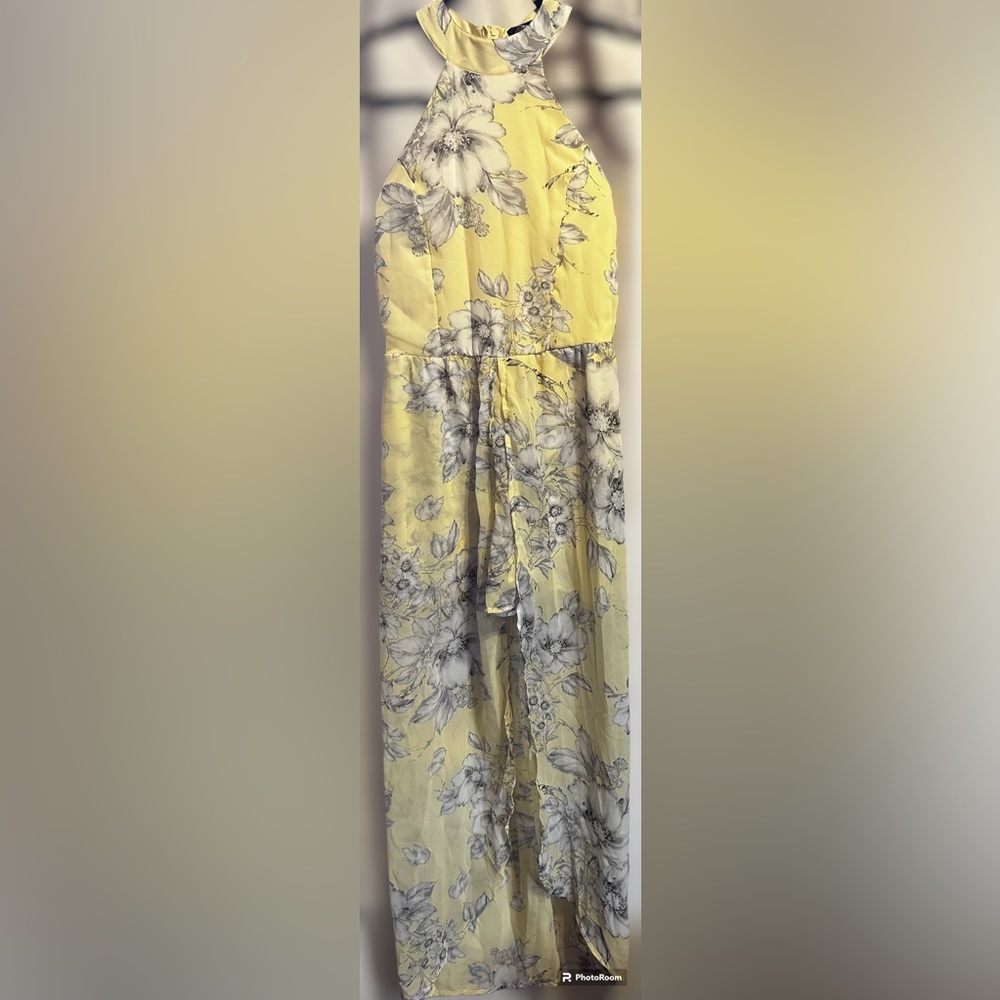 Brand New White Grey and Yellow Flower Romper Dress. High Neck line. Sleeveless.